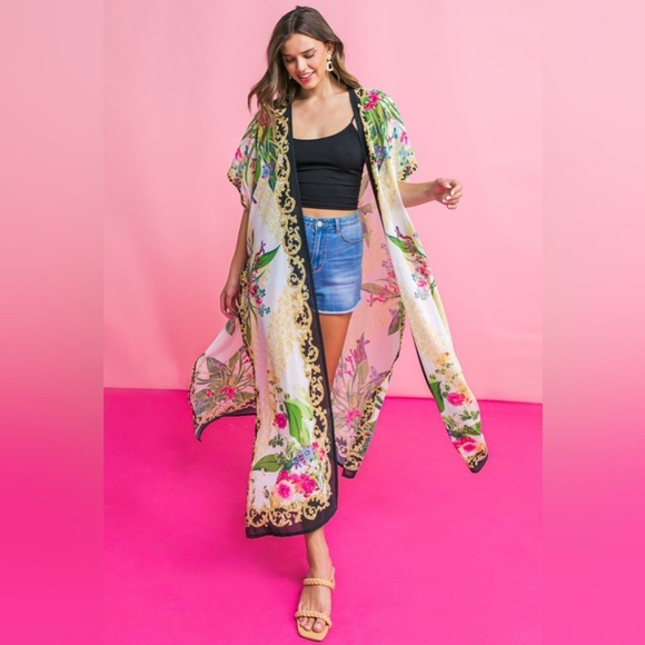 Bohemian Floral Long Kimono | Tropical Print Duster | Jacket | Cream Cover Up - Picture 2 of 5